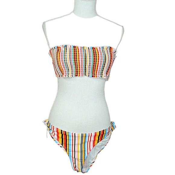 Bikini 2 Piece Bandeau Ruffle Trim Strapless Striped Printed Matching Swimsuit - Picture 1 of 6